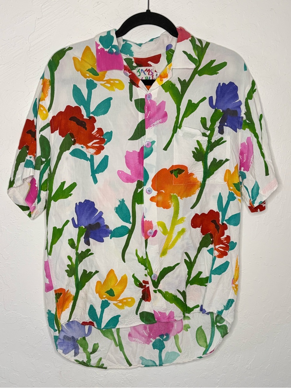 Vintage Jams World Mens Size M Hawaiian Tropical Shirt Floral White Button Up